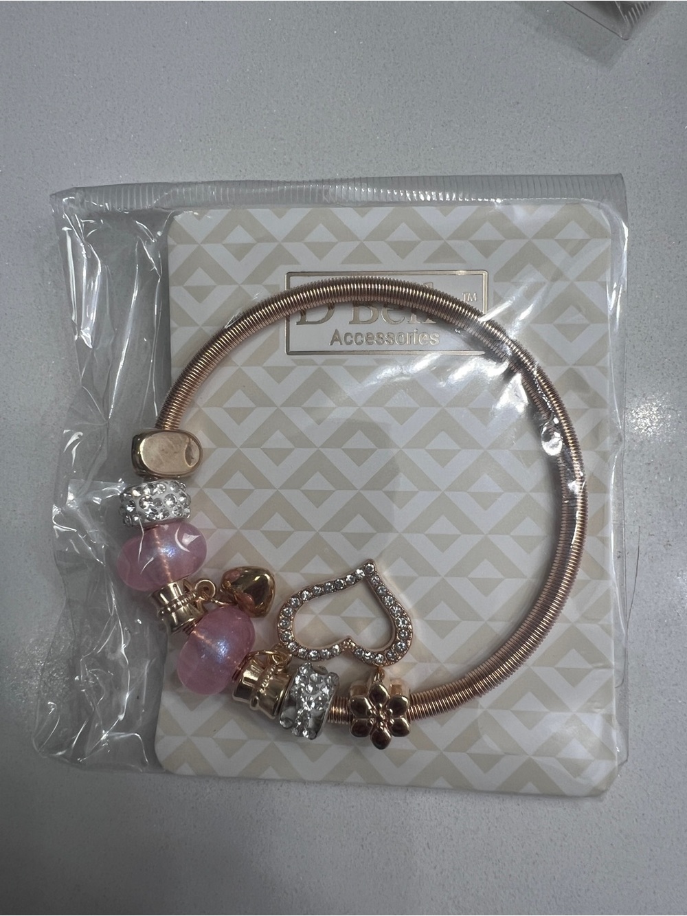 Gold-tone Charm Bracelet with Pink Beads and Heart Charm